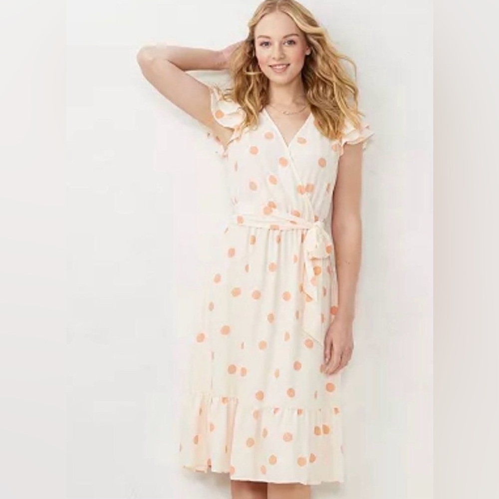 Lauren Conrad Faux Wrap Midi Dress XXL‎ Womans peach Polka Dot Flutter Sleeve